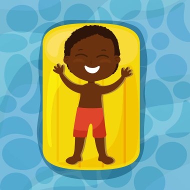 Çocuk havuzda ya da denizde şişme bir yatakta yatar ve yüzer. Çizgi film tarzı yaz tatili ve eğlence. Çocuk mutlu ve neşeli.