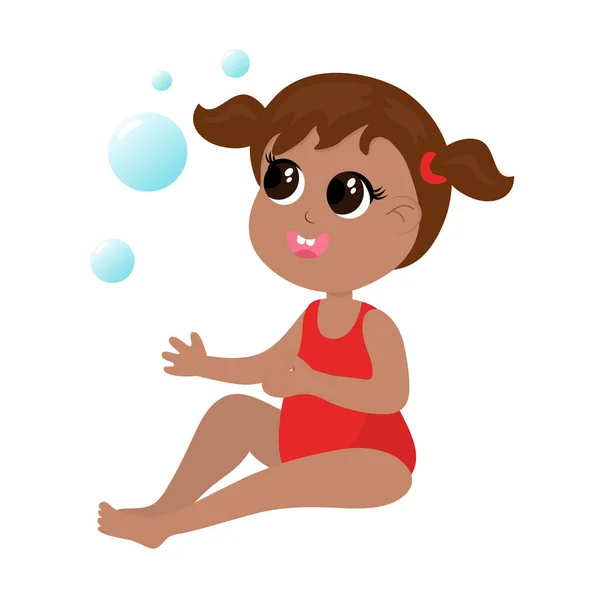 Dívka Plavkách Sedí Chytí Mýdlovou Bublinu Cartoon Plochý Styl Letní — Stockový vektor