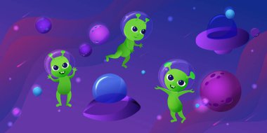 Küçük sevimli uzaylılar ve uzayda uçan daireler. Mor evren ve uzay gezegenleri. Uzaylılar mutlu ve uzayda uçuyorlar. Evrenin çizgi film tarzı çizimi.