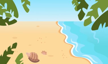 Bulutlu ve düz çizgi film tarzında dalgalı deniz kumlu sahili. Mavi gökyüzü ve su ve temiz sarı kum. Bitki yaprakları ön planda görünür. Özgürlük ve sükunet havası.