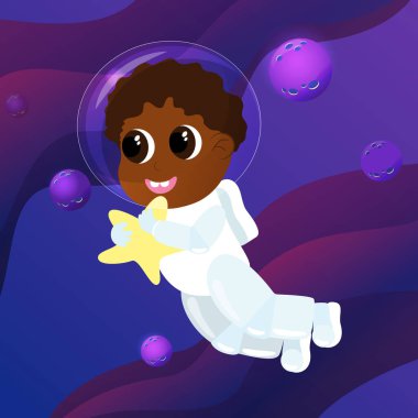 Büyük gözlü sevimli bir çocuk astronot kostümü ve kask giyiyor. Çocuk elinde bir yıldız tutuyor ve uzayda uçuyor. Evrenin çizgi film tarzı çizimi.