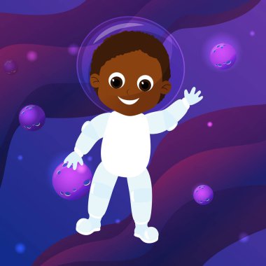 Astronot gibi giyinmiş sevimli ve sevimli bir çocuk uzayda uçuyor. Neşe, eğlence, çocukluk ve hayaller. Çizgi film tarzında uzay ve gezegenler.