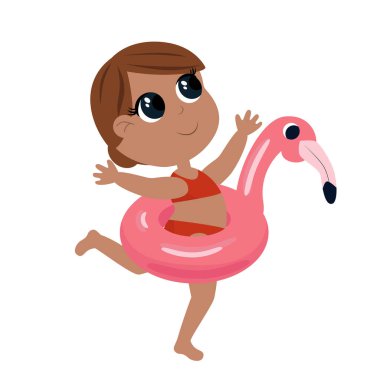 Pembe mayo ve pembe flamingo lastik yüzük takan bir kız. Çocuk mutlu bir şekilde gülümsüyor. Çizgi film illüstrasyonu.