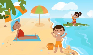 Çocuklar sahilde dinlenir, güneşlenir ve denizde şişme yatakta yüzer. Çocuk tarzında karikatür çizimi. Çocuklar mutlu ve gülümsüyor..