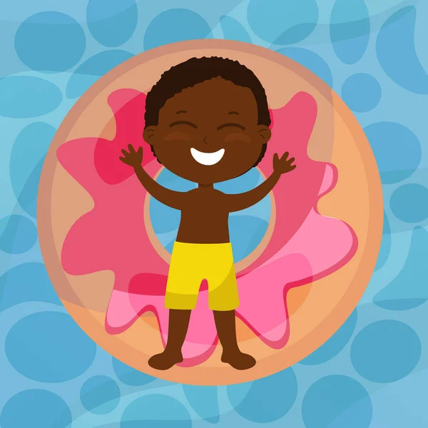 Ένα Χαρούμενο Αγόρι Ξαπλώνει Ένα Φουσκωτό Ντόνατ Σχήμα Νερού Καλοκαιρινές — Διανυσματικό Αρχείο