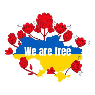 Üzerinde özgürüz yazan Ukrayna 'nın mavi-sarı renginin haritası. Bölge geleneksel halk nakışları ve yaşam sembolü ile süslenmiştir. Özgürlük ve vatanseverlik kavramı.