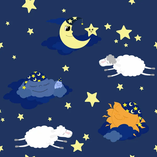 Бесшовный Рисунок Белая Овца Прыгает Ночное Небо Облако Ночном Колпаке — стоковый вектор