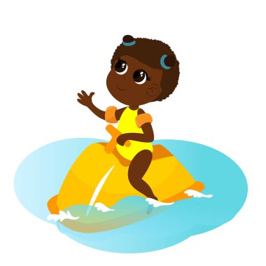 Yaz tatili çocuk çizgi filmi tarzında. Çocuk su motosikletine binip suda yüzüyor. Beyaz arkaplanda vektör çizimi izole edildi. Mutluluk ve neşe havası.