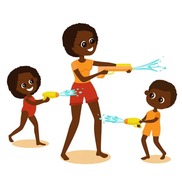 Children Africans African Americans Swimsuits Play Water Battle Mom Cartoon — стоковый вектор