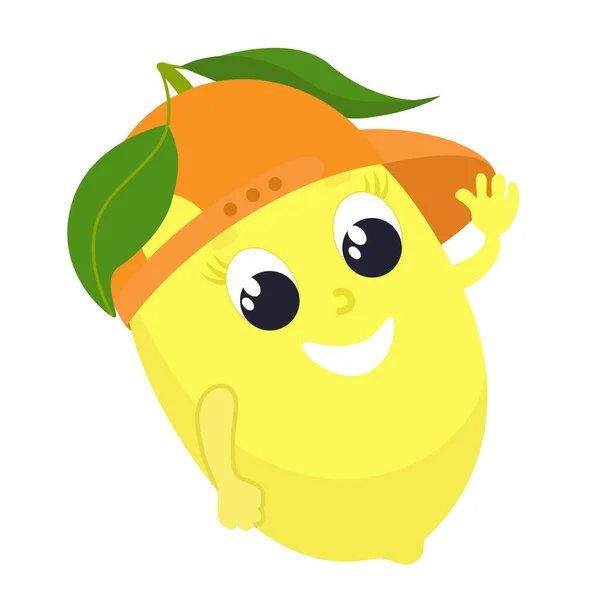 Citron Style Dessin Animé Fruit Avec Visage Une Feuille Dans — Image vectorielle