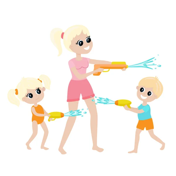 Crianças Jogam Batalha Água Com Mãe Estilo Dos Desenhos Animados — Vetor de Stock
