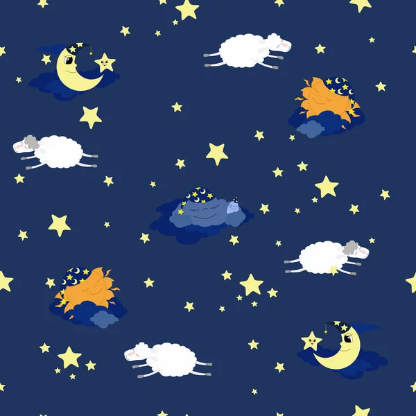 Patrón Sin Costuras Ovejas Blancas Luna Sol Dormido Nube Dormida — Vector de stock