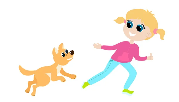 Girl Plays Dog She Runs Animal Catches Girl Dressed Trousers — Vetor de Stock