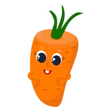 Havuç karakter tasarımı. Parlak turuncu bir sebzenin gözleri ve elleri vardır. Havuç gülümsüyor, o mutlu. Çocuk ürünleri, ambalaj, tasarım.