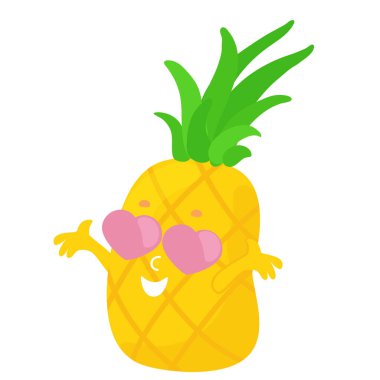 Kalp gözlere aşık ananas. Simgeler, emoji, alışveriş çantaları tasarımı, tekstil, ambalaj, marka için komik ve komik karakterler. Beyaz arkaplanda izole edilmiş çizgi film tarzında meyveler.