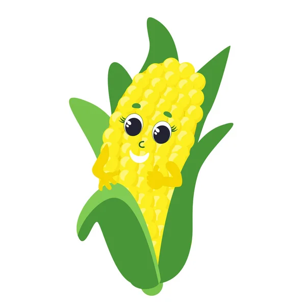 Glücklich Lächelt Mais Das Gemüse Hat Gesicht Augen Hände Und — Stockvektor