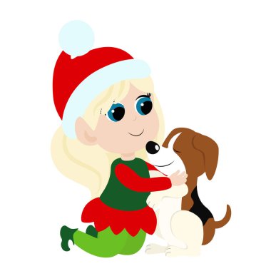 Küçük şirin elf kız oturur ve bir köpeğe sarılır. Çocuk mutlu ve gülümsüyor. Kız kırmızı ve yeşil elf giysileri giyiyor. Çizgi film Noel illüstrasyonu beyaz arkaplanda izole edildi.