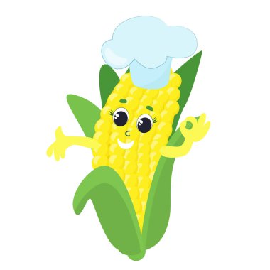 Şefin şapkasında gülümseyen mutlu mısır. Sebzelerin yüzü, gözleri, elleri vardır ve mutludur. Çizgi film tarzında karakter tasarımı mutfak tekstili için beyaz arkaplanda izole edildi.