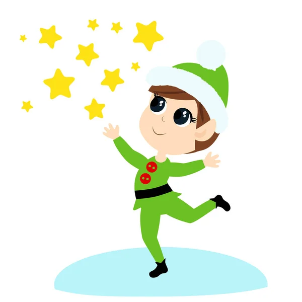Elf Koşar Yıldızları Dağıtır Çocuk Mutlu Gülümsüyor Çocuk Yeşil Elf — Stok Vektör