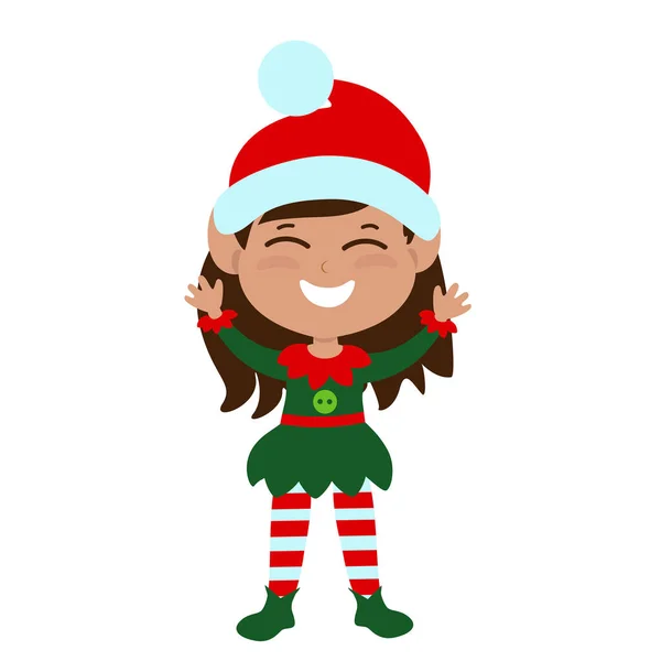 Elf Dik Duruyor Ellerini Kaldırıyor Çocuk Mutlu Gülümsüyor Çok Mutlu — Stok Vektör