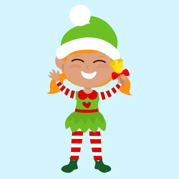 Elf Stoi Prosto Trzyma Dzwonek Ręku Dziecko Jest Szczęśliwe Uśmiechnięte — Wektor stockowy