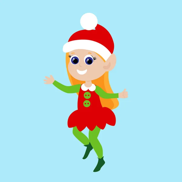 Mutlu Elf Kızı Sevinir Zevk Içinde Zıplar Noel Baba Nın — Stok Vektör