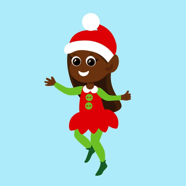 Elf Kızı Neşeyle Neşeyle Zıplıyor Noel Baba Nın Yardımcısı Geleneksel — Stok Vektör