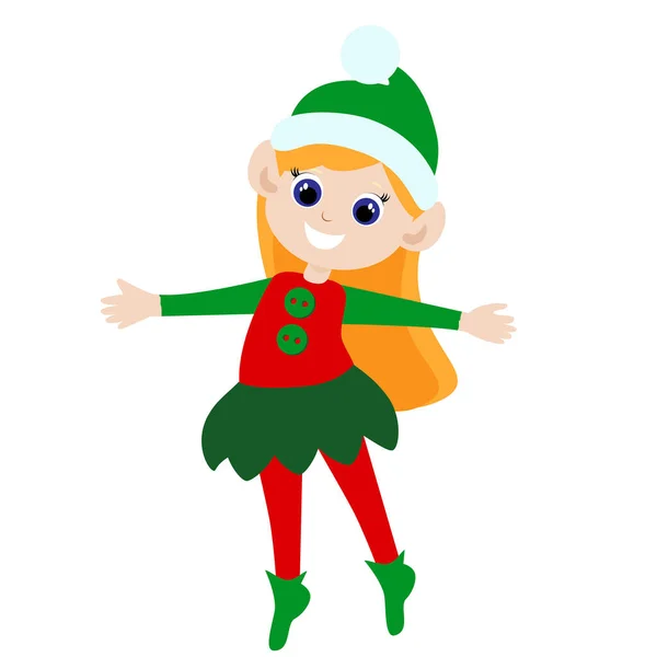 Little Cute Elf Girl Cartoon Style Isolated White Background Christmas — Stok Vektör