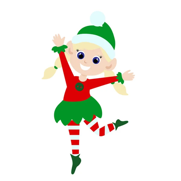 Little Cute Elf Girl Jumping Delight Child Dressed Elf Costume — Stok Vektör