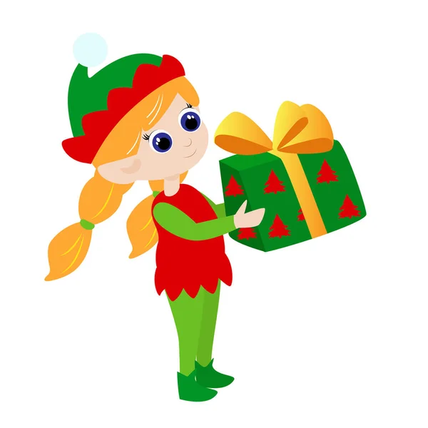 Elf Kızı Elinde Bir Hediye Tutuyor Çocuk Geleneksel Yeşil Kırmızı — Stok Vektör