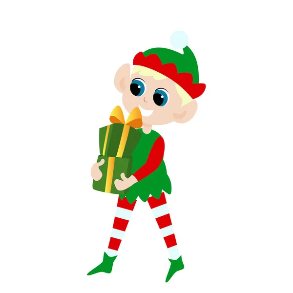 Cute Elf Carries Gifts His Hands Boy Dressed Traditional Elf — Stok Vektör