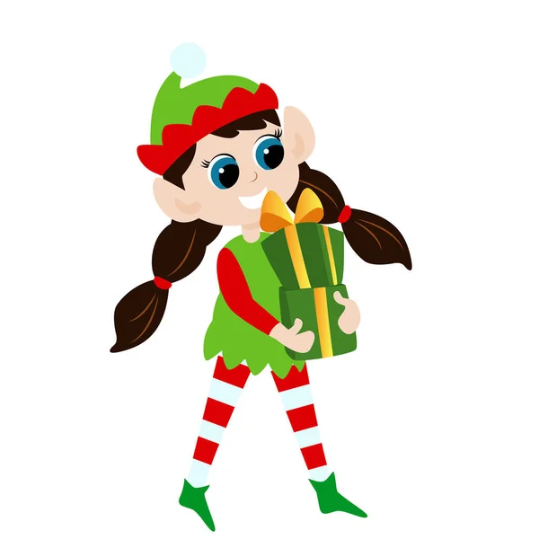 Cute Elf Girl Traditional Costume Pigtails Carries Boxes Christmas Gifts — Stock vektor