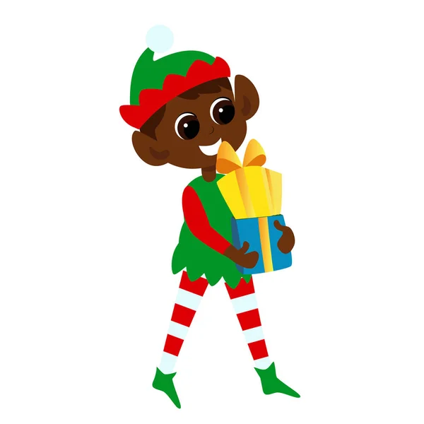 Elf Traditional Costume Carries Boxes Christmas Gifts Christmas Character Illustration — Image vectorielle