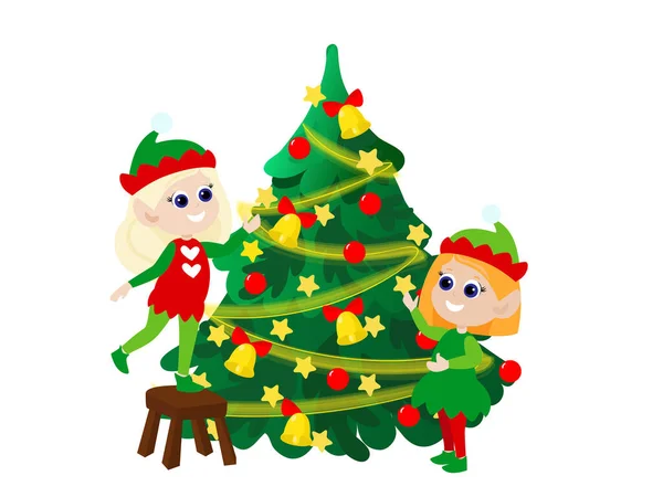 Elf Girls Decorate Christmas Tree Children Dressed Traditional Red Green — Stok Vektör