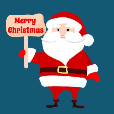 Noel Baba dik duruyor ve elinde Mutlu Noeller işareti var. Kış esprisi ve büyüleyici karakter tasarımı. Çizgi film düz stiliyle Noel illüstrasyonu.