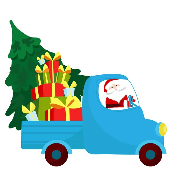 Santa Claus Carrying Gifts Christmas Tree Truck Christmas Illustration Cartoon — Stok Vektör