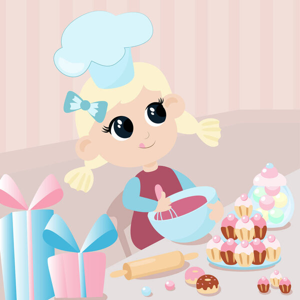 A girl in a chef's hat whisks icing inside the room. On the table are cupcakes and muffins, sweets in a jar, a rolling pin for dough. The child cooks in cartoon style.