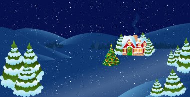 Winter Christmas landscape with fir trees in the snow and a house. There is a Christmas tree in front of the house and it is snowing. Horizontal illustration.