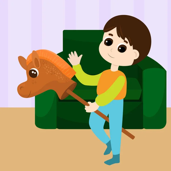 Small Child Rides Horse Stick Child Room Happy Smiling Character — Διανυσματικό Αρχείο