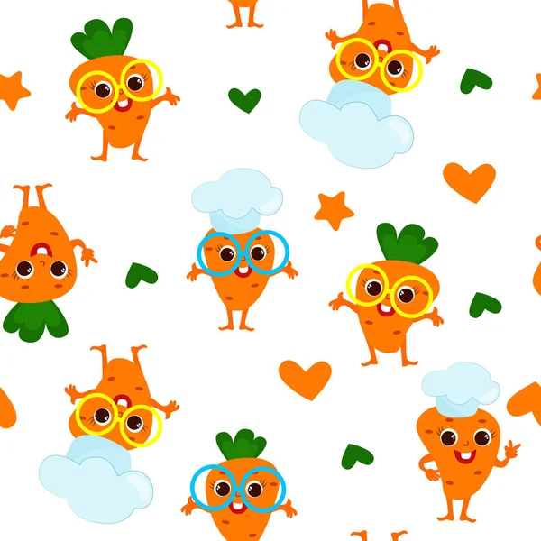 Seamless Pattern Cute Carrot Dressed Chef Hat Smiling Happily Carrots — Vector de stock