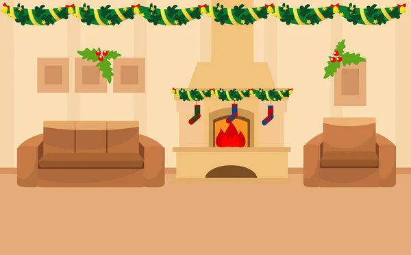 Home Christmas Christmas Eve Room Has Fireplace Fire Armchair Sofa — Stock Vector