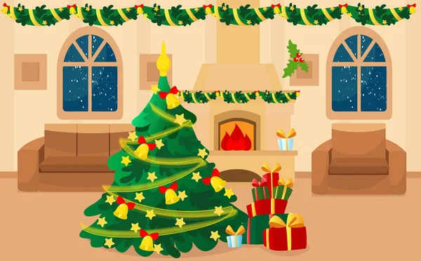Santa House Room Has Fireplace Christmas Tree Fire Gifts Armchair — Stockvector