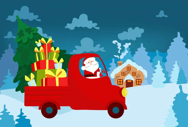 Santa Claus Carrying Fir Tree Gifts Truck Backdrop Winter Fairy — Διανυσματικό Αρχείο