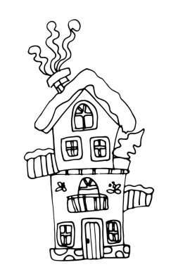 Snow-covered two-storey house in the doodle style hand-drawn. Perhaps this is the home of Santa Claus. Vector black line drawing isolated on white background.