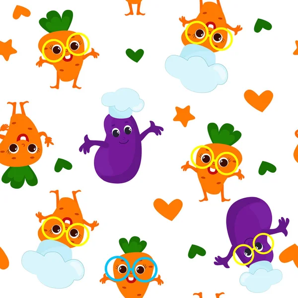 Seamless Pattern Cute Carrot Eggplant Dressed Chef Hat Smiling Happily — Vector de stock