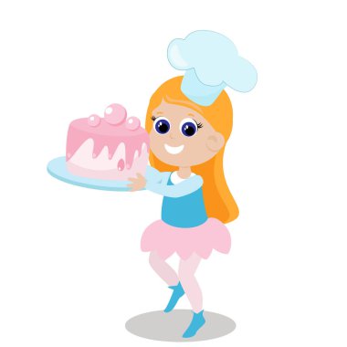 Little cute girl holds a huge cake with cream in her hands. The child is happy and wearing a chef's hat. Character design isolated on white background.