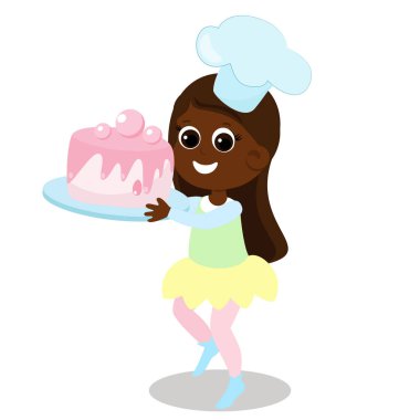 Little cute girl holds a huge cake with cream in her hands. The child is wearing a chef's hat. Cute character isolated on white background.