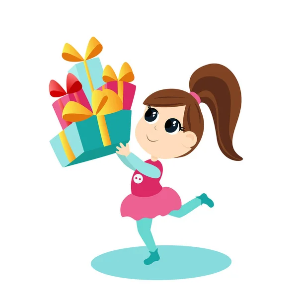 Girl Runs Carries Her Hands Lot Gifts Tied Ribbons Child — Stockvector
