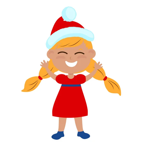 Girl Dressed Santa Claus Hat Stands Straight Raised Her Hands — Stok Vektör