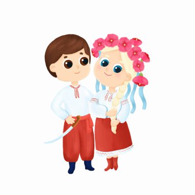 Little cute Ukrainian men and women are standing next to each other, dressed in national clothes, an embroidered shirt, a sheet and harem pants. The girl is wearing a wreath with ribbons, and the boy has trousers and a saber.